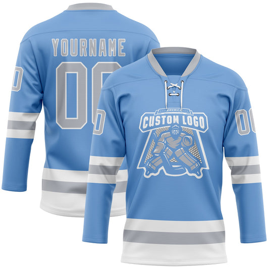Custom Light Blue Gray-White Hockey Lace Neck Jersey - Sky-Custom