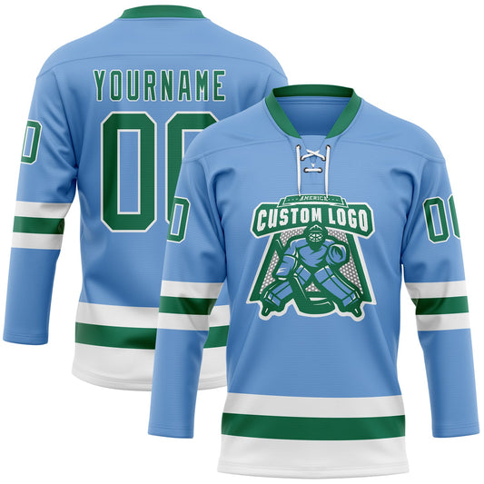 Custom Light Blue Kelly Green-White Hockey Lace Neck Jersey - Sky-Custom