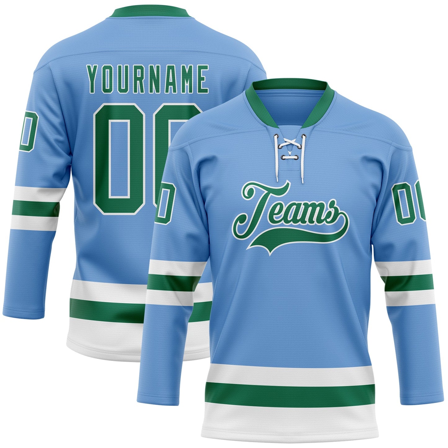 Custom Light Blue Kelly Green-White Hockey Lace Neck Jersey - Sky-Custom