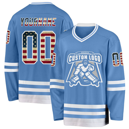 Custom Light Blue Vintage USA Flag-White Hockey Jersey - Sky-Custom