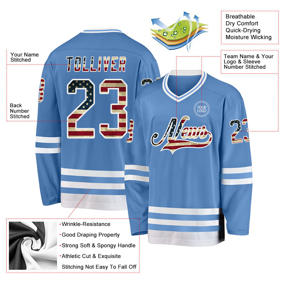 Custom Light Blue Vintage USA Flag-White Hockey Jersey - Sky-Custom