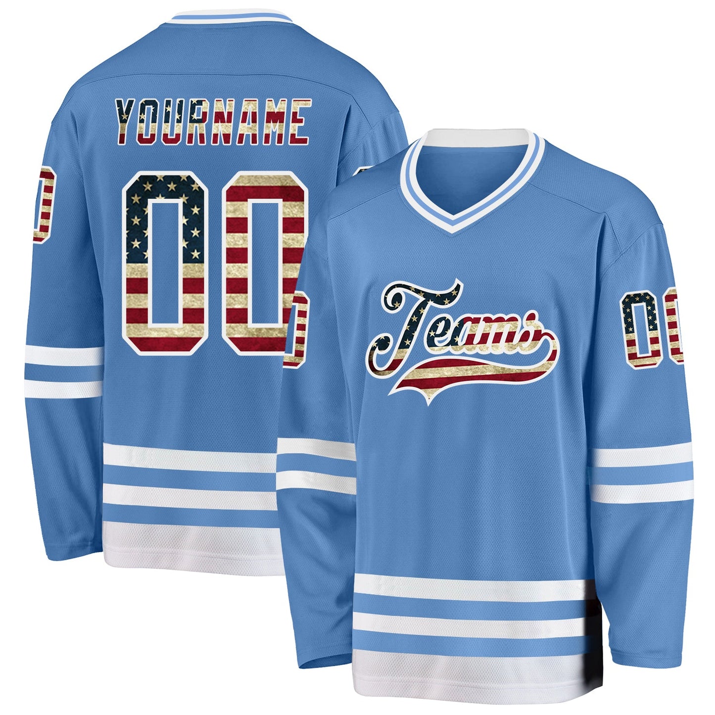 Custom Light Blue Vintage USA Flag-White Hockey Jersey - Sky-Custom