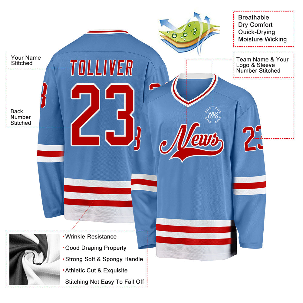 Custom Light Blue Red-White Hockey Jersey - Sky-Custom