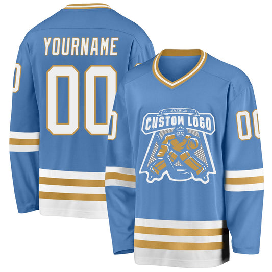 Custom Light Blue White-Old Gold Hockey Jersey - Sky-Custom