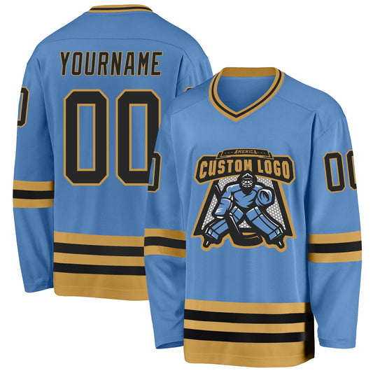 Custom Light Blue Black-Old Gold Hockey Jersey - Sky-Custom