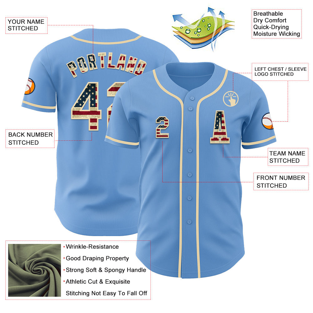 Custom Light Blue Vintage USA Flag-Cream Authentic Baseball Jersey - Sky-Custom
