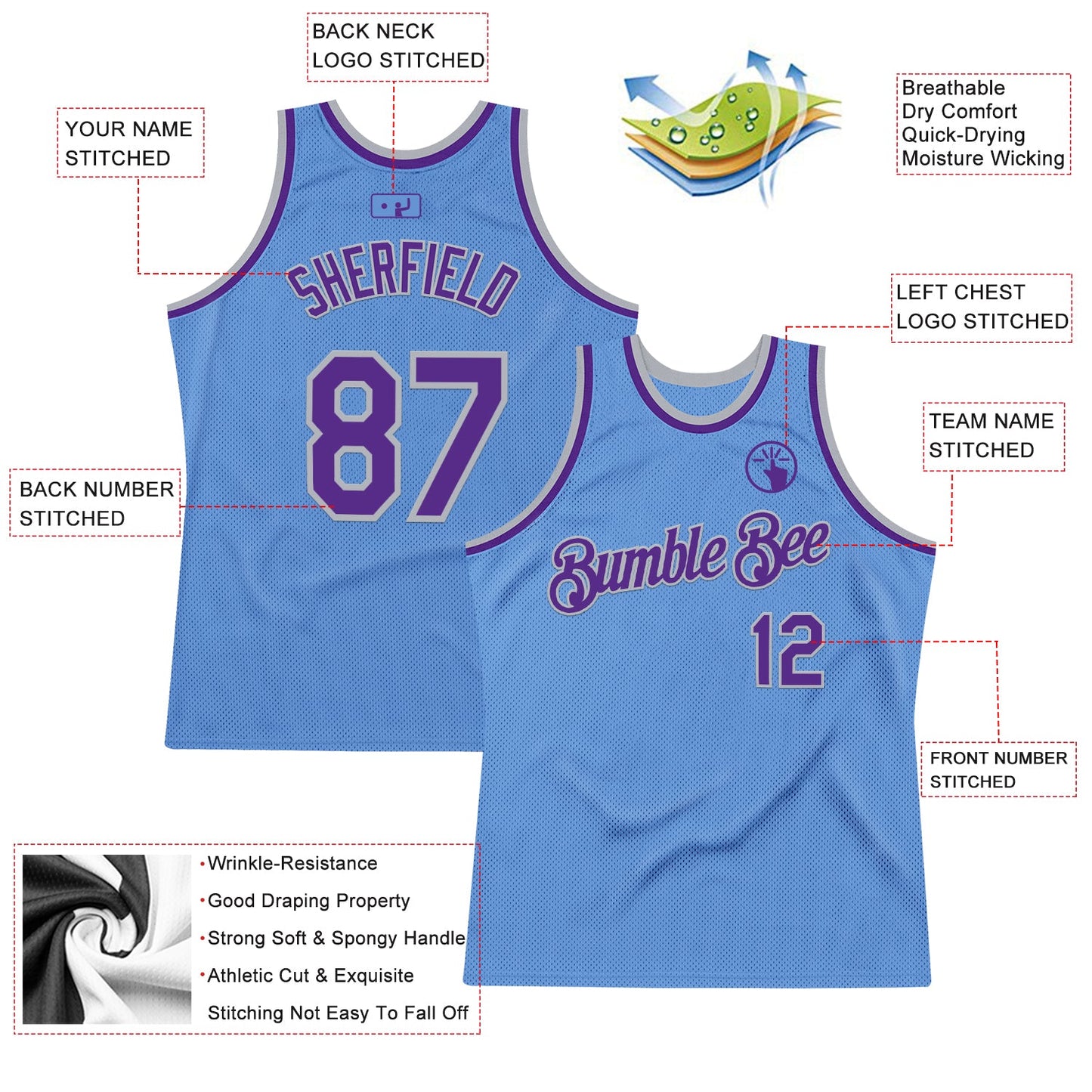 Custom Light Blue Purple-Gray Authentic Throwback Basketball Jersey - Sky-Custom