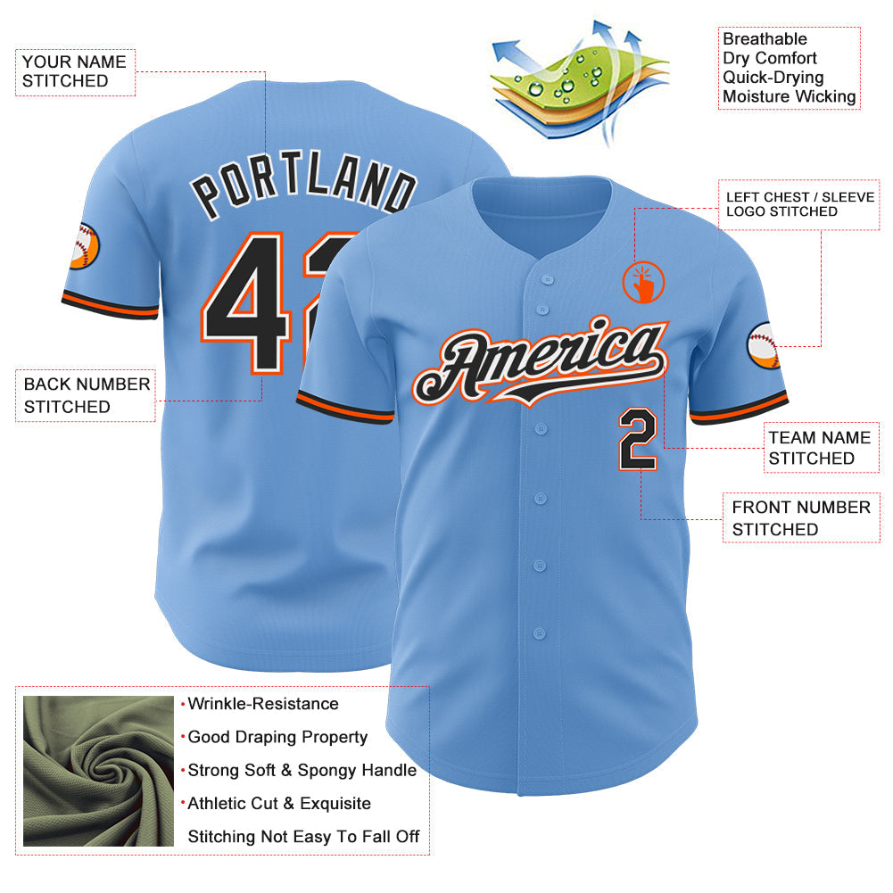 Custom Light Blue Black White-Orange Authentic Baseball Jersey - Sky-Custom