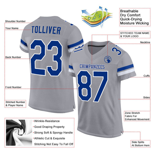 Custom Light Gray Royal-White Mesh Authentic Football Jersey - Sky-Custom