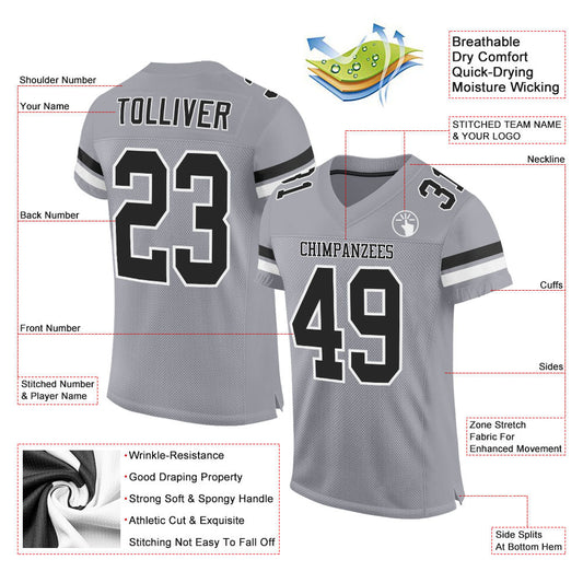 Custom Light Gray Black-White Mesh Authentic Football Jersey - Sky-Custom