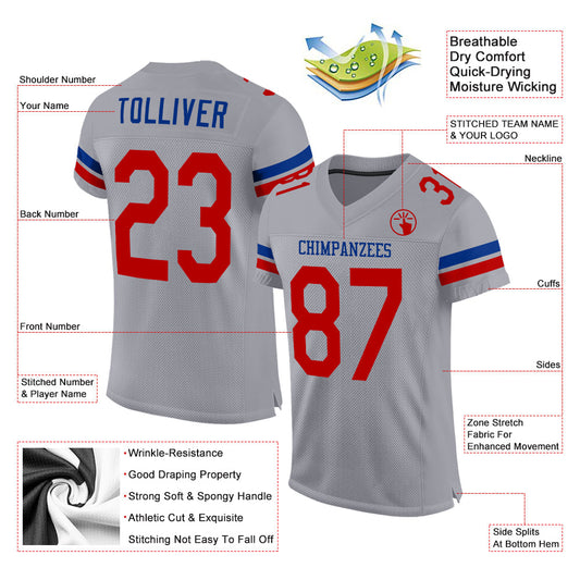 Custom Light Gray Red-Royal Mesh Authentic Football Jersey - Sky-Custom