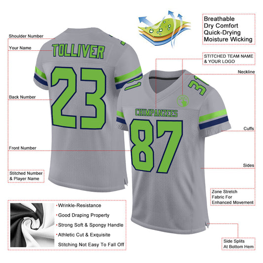 Custom Light Gray Neon Green-Navy Mesh Authentic Football Jersey - Sky-Custom