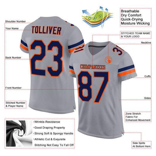 Custom Light Gray Navy-Orange Mesh Authentic Football Jersey - Sky-Custom