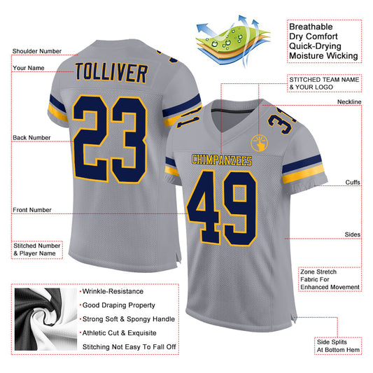 Custom Light Gray Navy-Gold Mesh Authentic Football Jersey - Sky-Custom