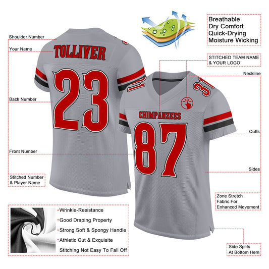 Custom Light Gray Red-Black Mesh Authentic Football Jersey - Sky-Custom