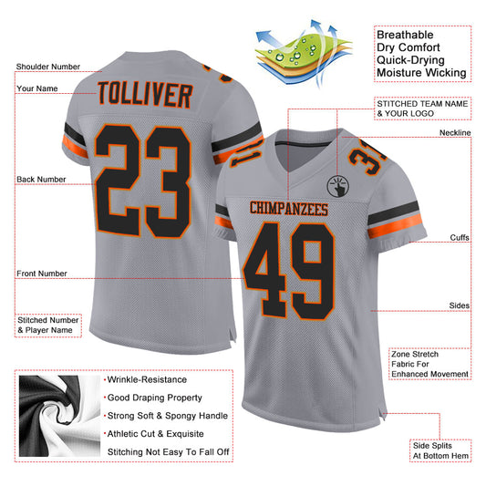 Custom Light Gray Black-Orange Mesh Authentic Football Jersey - Sky-Custom