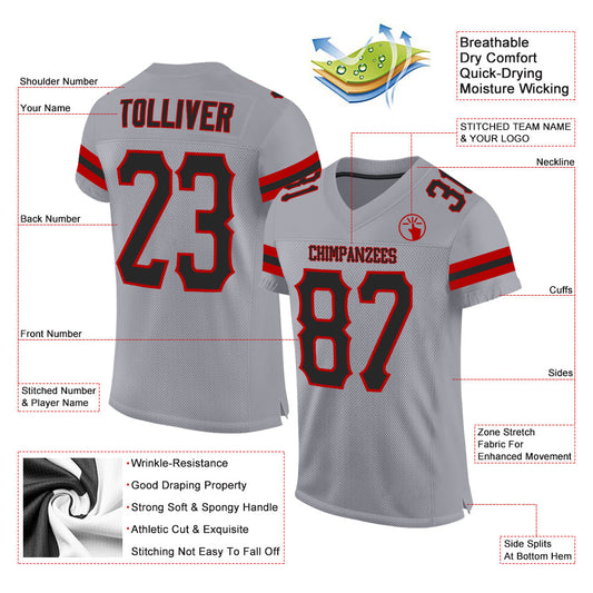 Custom Light Gray Black-Red Mesh Authentic Football Jersey - Sky-Custom