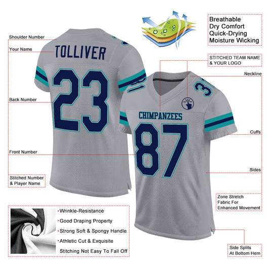 Custom Light Gray Navy-Aqua Mesh Authentic Football Jersey - Sky-Custom