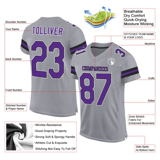 Custom Light Gray Purple-Black Mesh Authentic Football Jersey - Sky-Custom