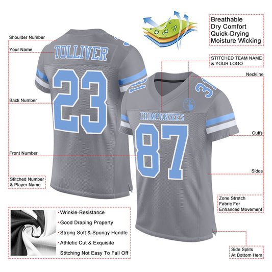 Custom Light Gray Light Blue-White Mesh Authentic Football Jersey - Sky-Custom