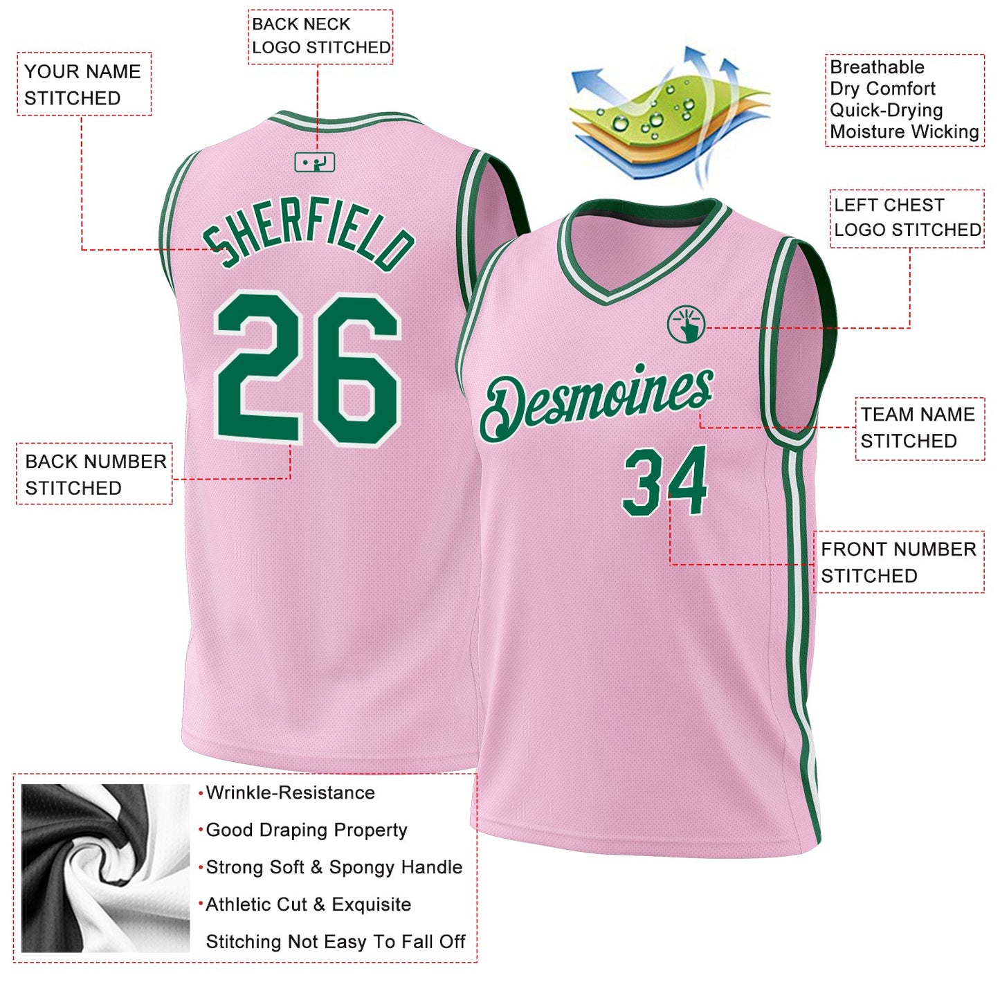 Custom Light Pink Kelly Green-White Authentic Throwback Basketball Jersey - Sky-Custom