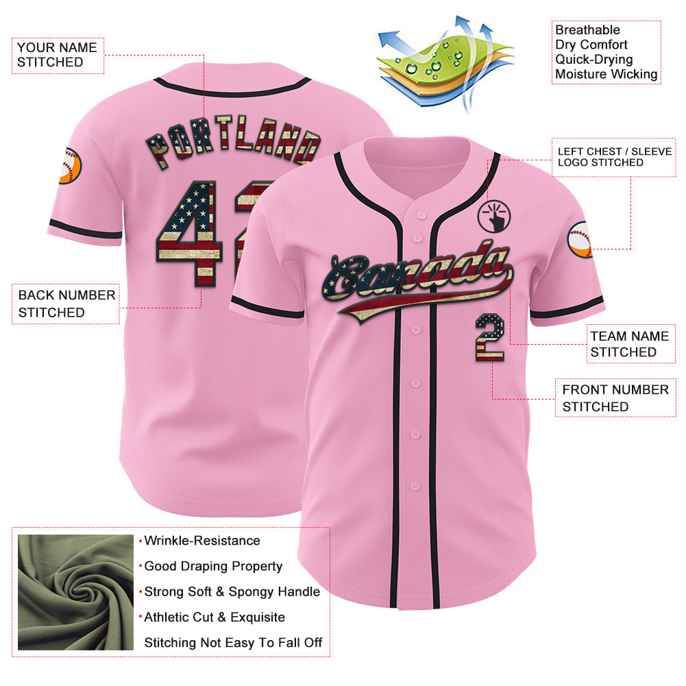 Custom Light Pink Vintage USA Flag-Black Authentic Baseball Jersey - Sky-Custom