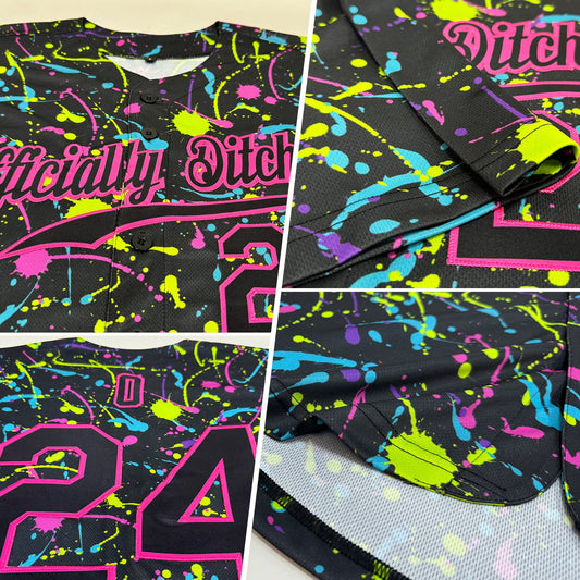 Custom Graffiti Pattern Black-Pink 3D Neon Splatter Authentic Baseball Jersey - Sky-Custom