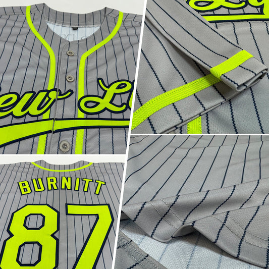 Custom Gray Navy Pinstripe Neon Green Authentic Baseball Jersey - Sky-Custom