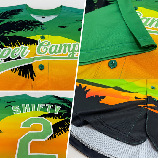 Custom Pea Green Black-White 3D Pattern Design Hawaii Palm Trees And Beach Sunset Authentic Baseball Jersey - Sky-Custom