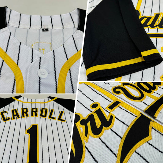 Custom White Black Pinstripe Black-Gold Authentic Raglan Sleeves Baseball Jersey - Sky-Custom