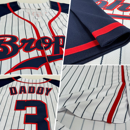 Custom White Navy Pinstripe Navy-Red Authentic Raglan Sleeves Baseball Jersey - Sky-Custom