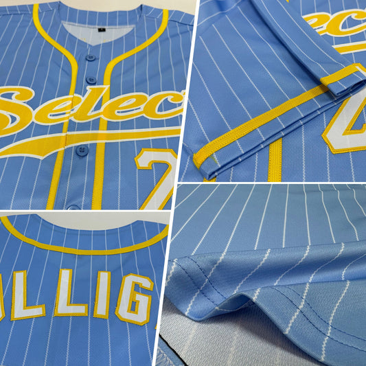 Custom Powder Blue White Pinstripe Gold-White Authentic Baseball Jersey - Sky-Custom