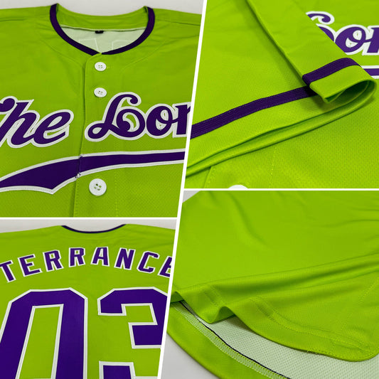Custom Neon Green Purple-White Authentic Baseball Jersey - Sky-Custom
