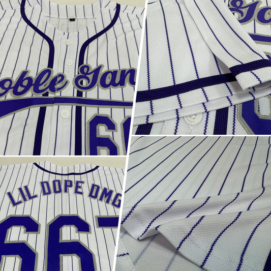 Custom White Purple Pinstripe Purple-Gray Authentic Baseball Jersey - Sky-Custom