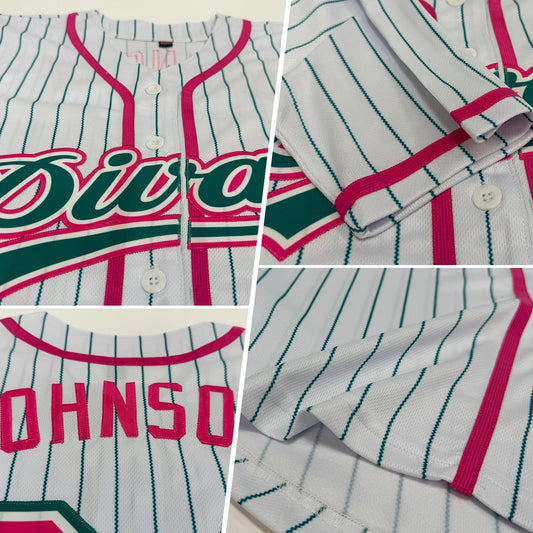 Custom White Teal Pinstripe Pink Authentic Baseball Jersey - Sky-Custom