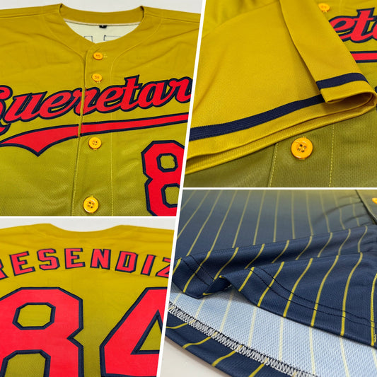 Custom Old Gold Pinstripe Red-Navy Authentic Fade Fashion Baseball Jersey - Sky-Custom