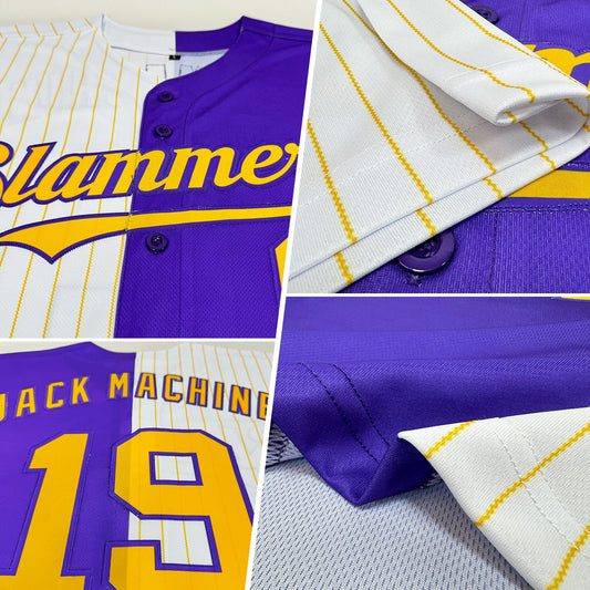Custom Purple White-Gold Pinstripe Authentic Split Fashion Baseball Jersey - Sky-Custom