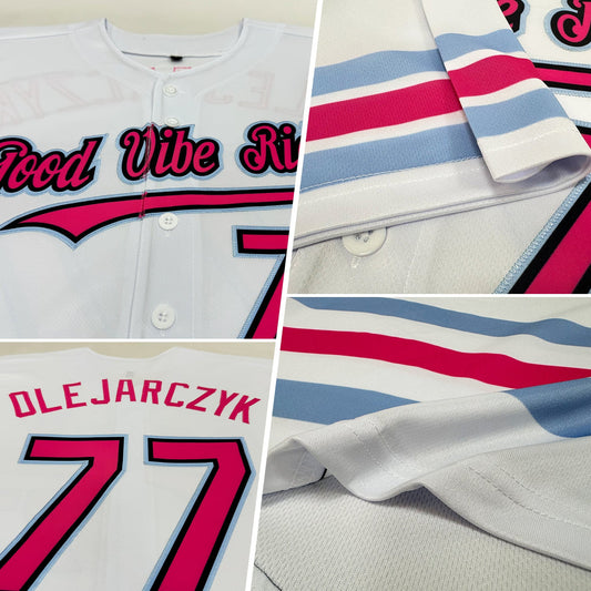 Custom White Pink Black-Light Blue Line Authentic Baseball Jersey - Sky-Custom
