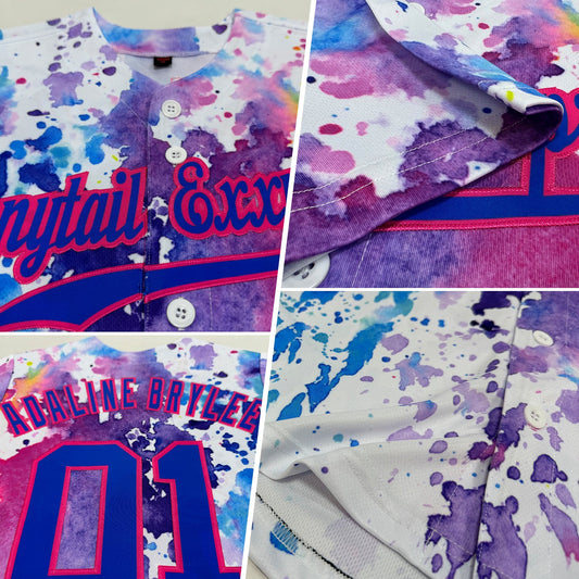 Custom White Royal-Pink 3D Pattern Design Watercolor Authentic Baseball Jersey - Sky-Custom