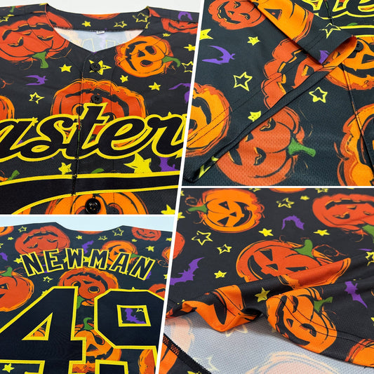 Custom 3D Pattern Halloween Pumpkins Bats Stars Authentic Baseball Jersey - Sky-Custom