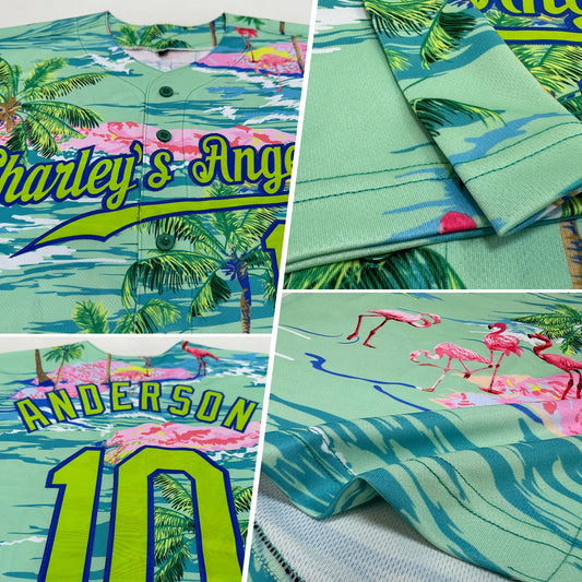 Custom Lakes Blue Neon Green-Royal 3D Pattern Design Beach Hawaii Palm Trees And Flamingo Authentic Baseball Jersey - Sky-Custom