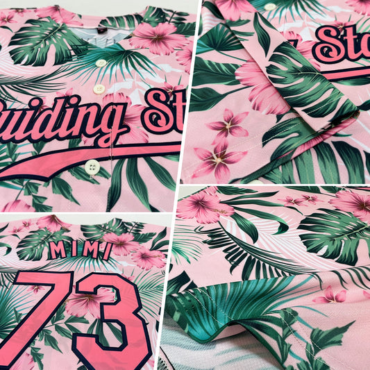Custom White Medium Pink-Navy 3D Pattern Design Hawaii Palm Leaves And Flowers Authentic Baseball Jersey - Sky-Custom