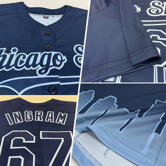 Custom Navy Light Blue 3D Chicago City Edition Fade Fasion Authentic Baseball Jersey - Sky-Custom