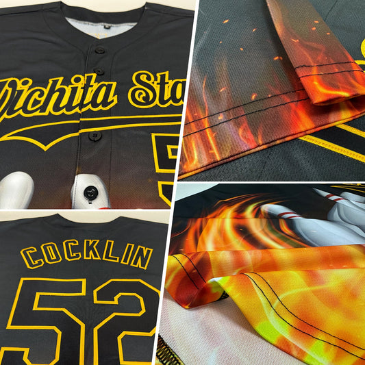 Custom Black Gold 3D Pattern Design Flame Bowling Authentic Baseball Jersey - Sky-Custom