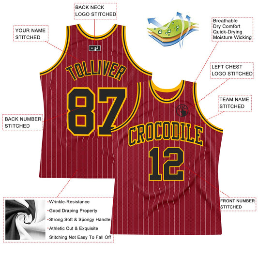 Custom Maroon White Pinstripe Black-Gold Authentic Basketball Jersey - Sky-Custom