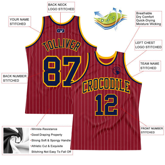 Custom Maroon White Pinstripe Navy-Gold Authentic Basketball Jersey - Sky-Custom