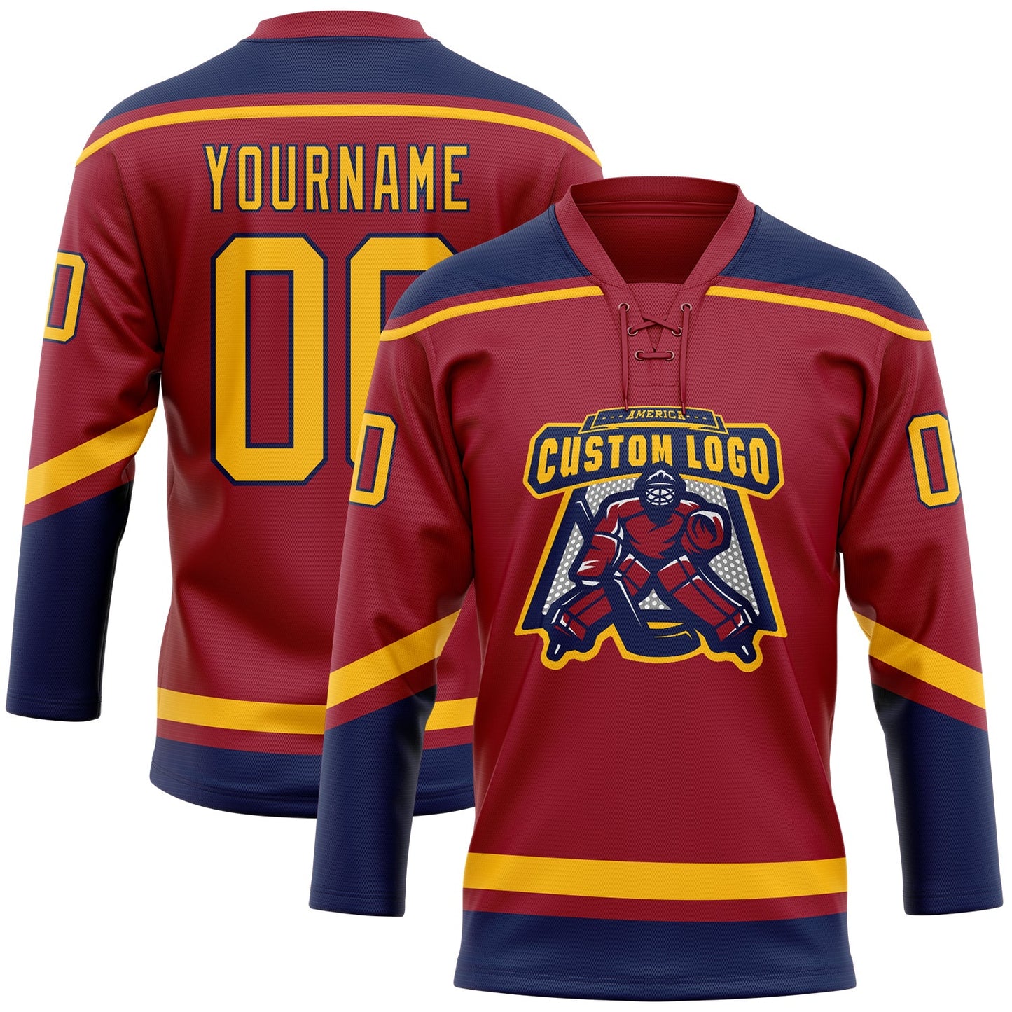 Custom Maroon Gold-Navy Hockey Lace Neck Jersey - Sky-Custom