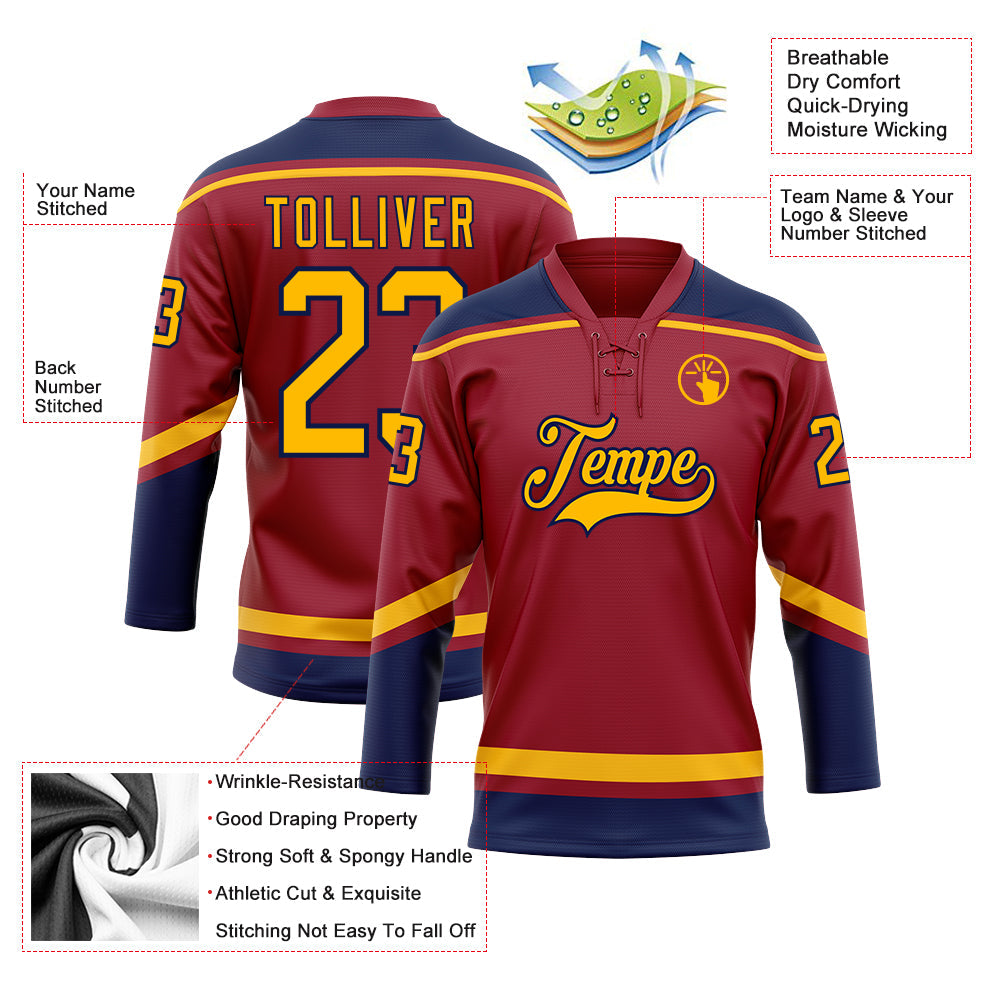 Custom Maroon Gold-Navy Hockey Lace Neck Jersey - Sky-Custom