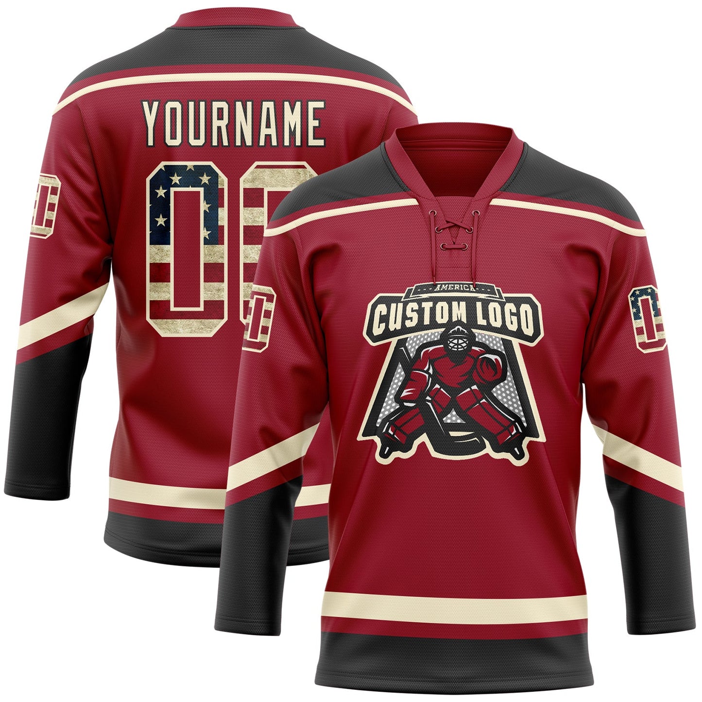Custom Maroon Vintage USA Flag Cream-Black Hockey Lace Neck Jersey - Sky-Custom