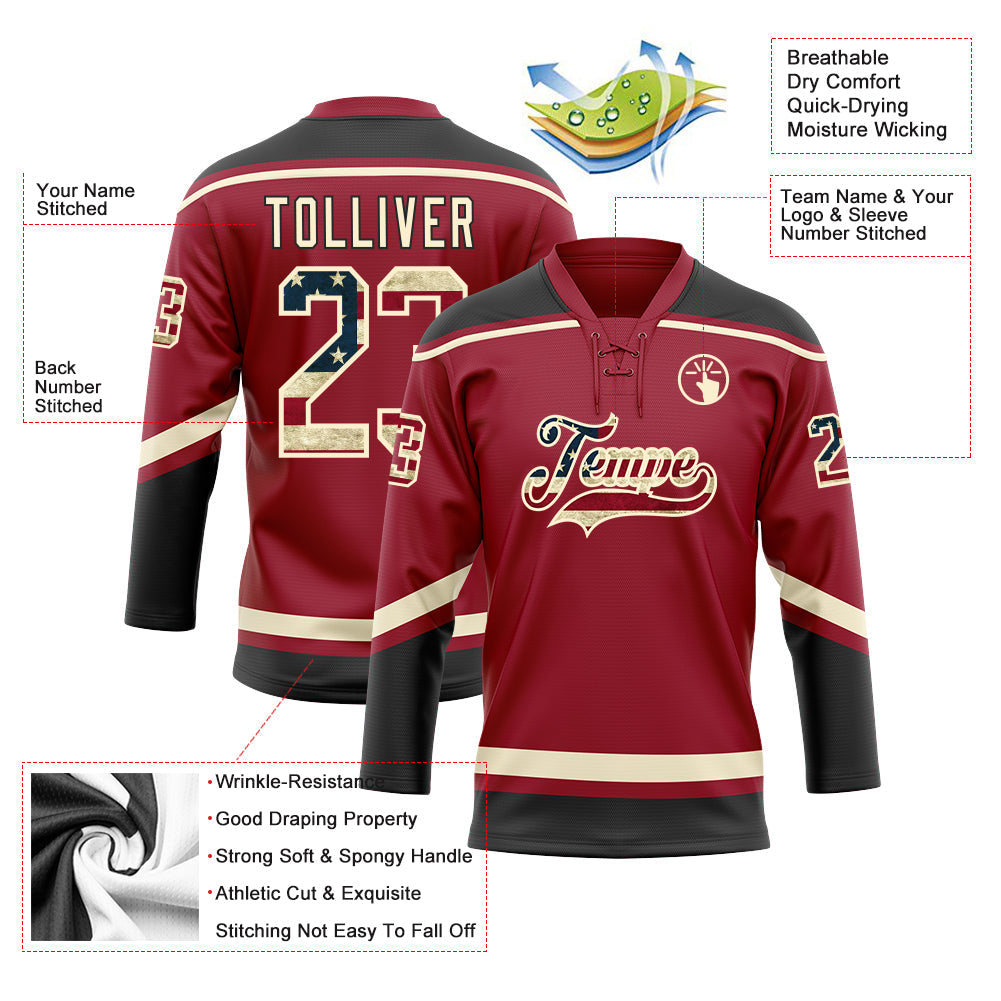 Custom Maroon Vintage USA Flag Cream-Black Hockey Lace Neck Jersey - Sky-Custom